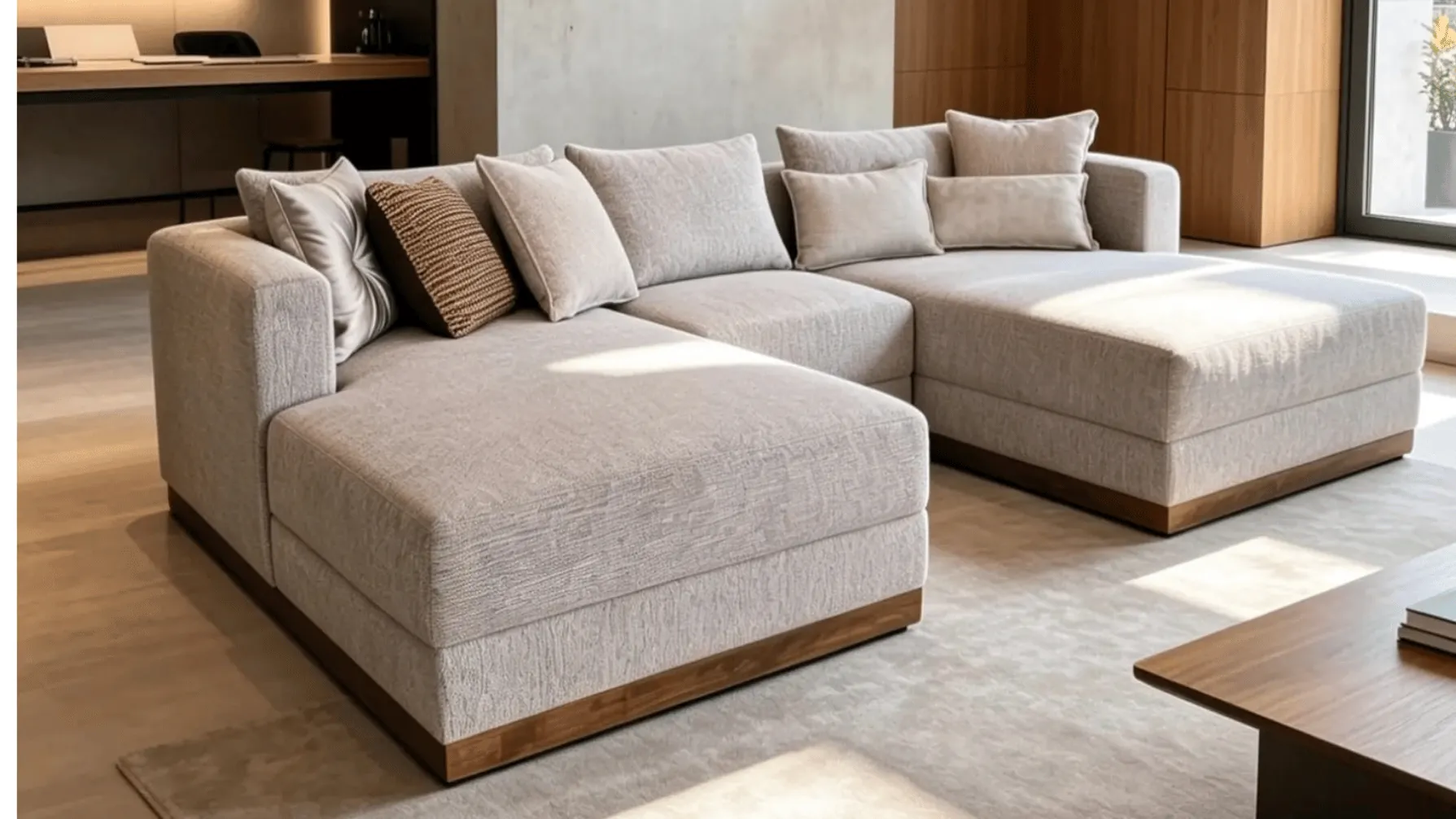 Sala amplia con sofa modular gris claro, ventanales y muro de madera