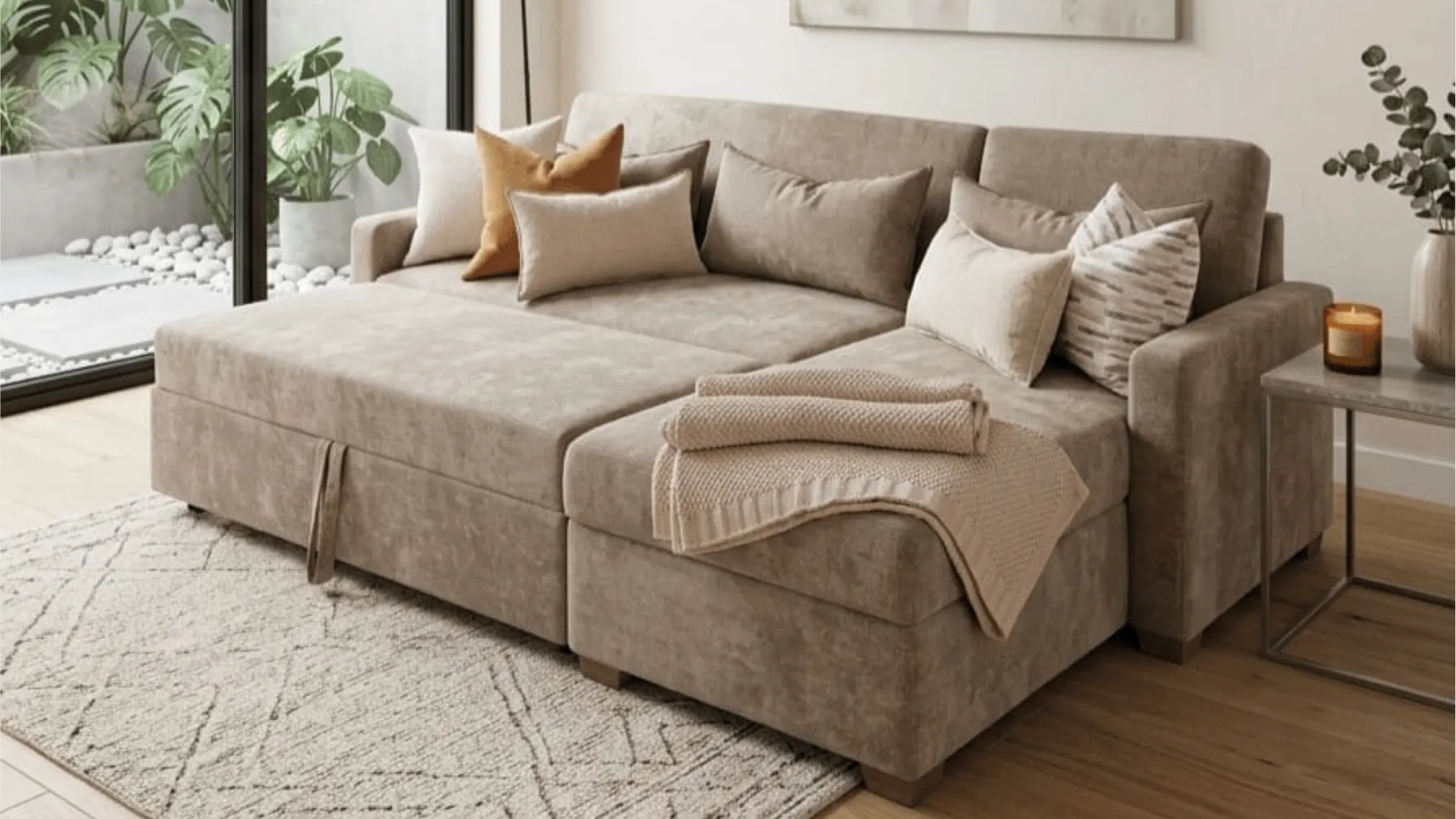 Sala cama Napoles reclinable en tono arena con cojines, en sala con ventanal a jardin