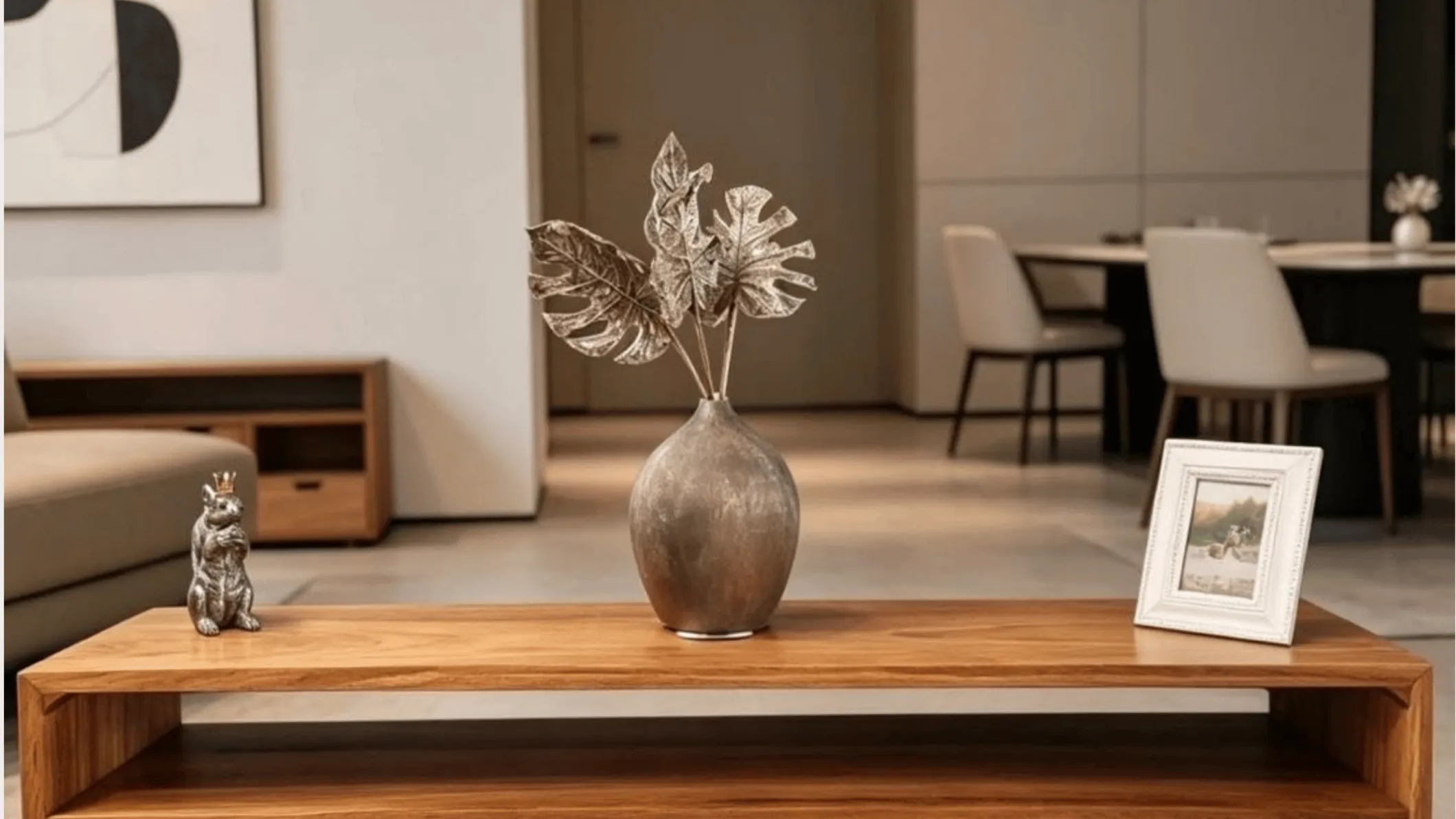 Mueble de TV Matera de madera con jarron decorativo, comedor desenfocado al fondo