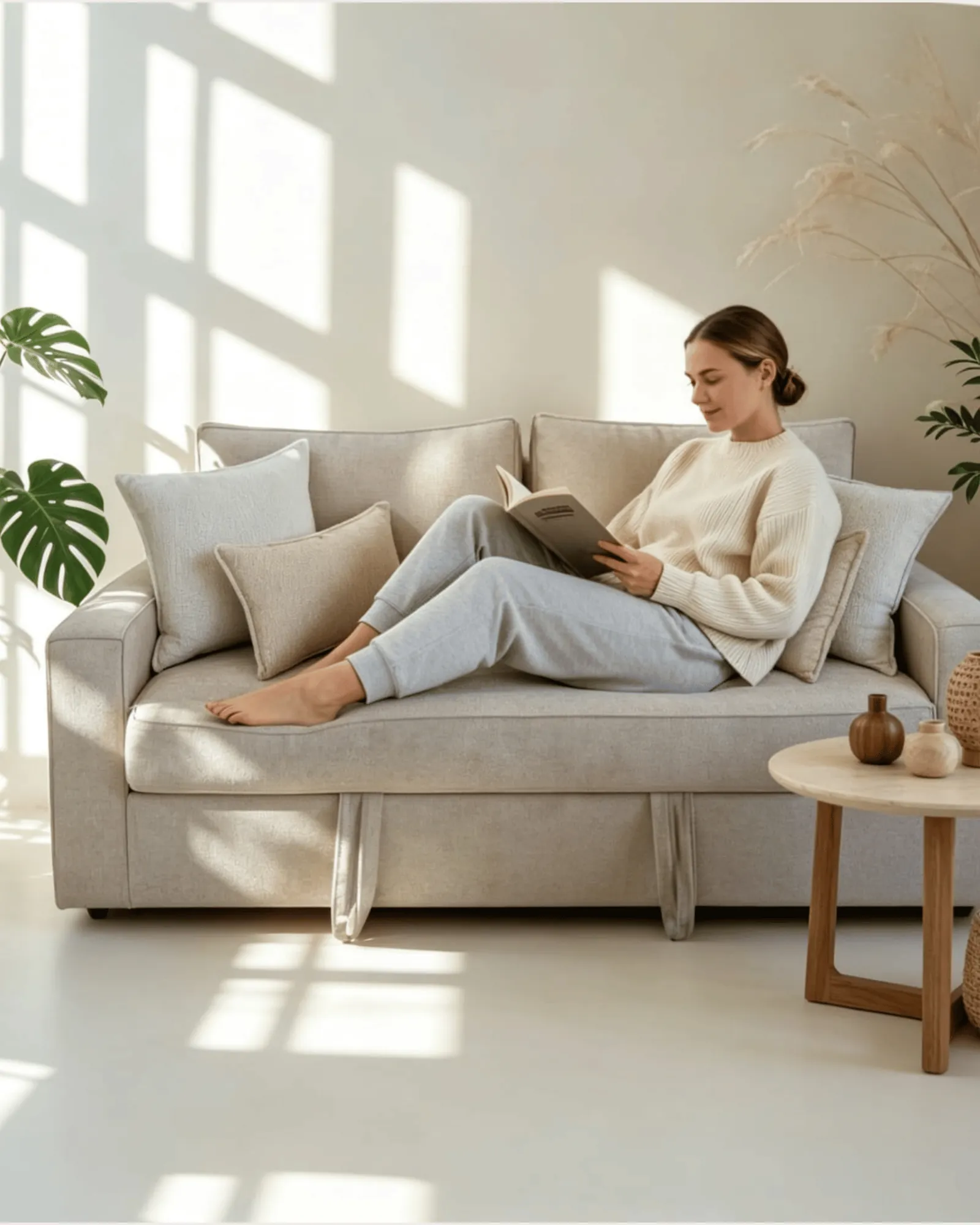 Mujer leyendo un libro sentada en un sofa gris junto a una ventana con luz de tarde