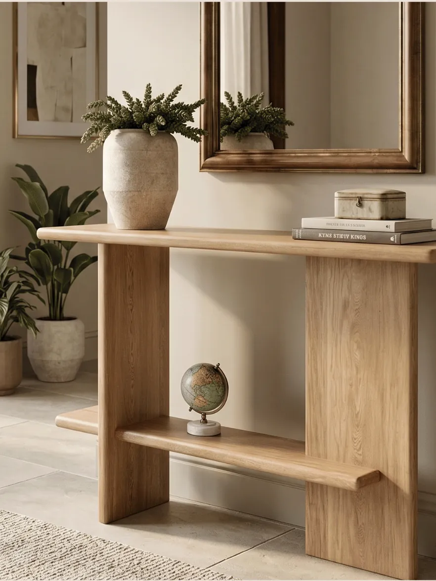 Credenza Amalfi de madera clara con espejo, jarron y globo terraqueo decorativo