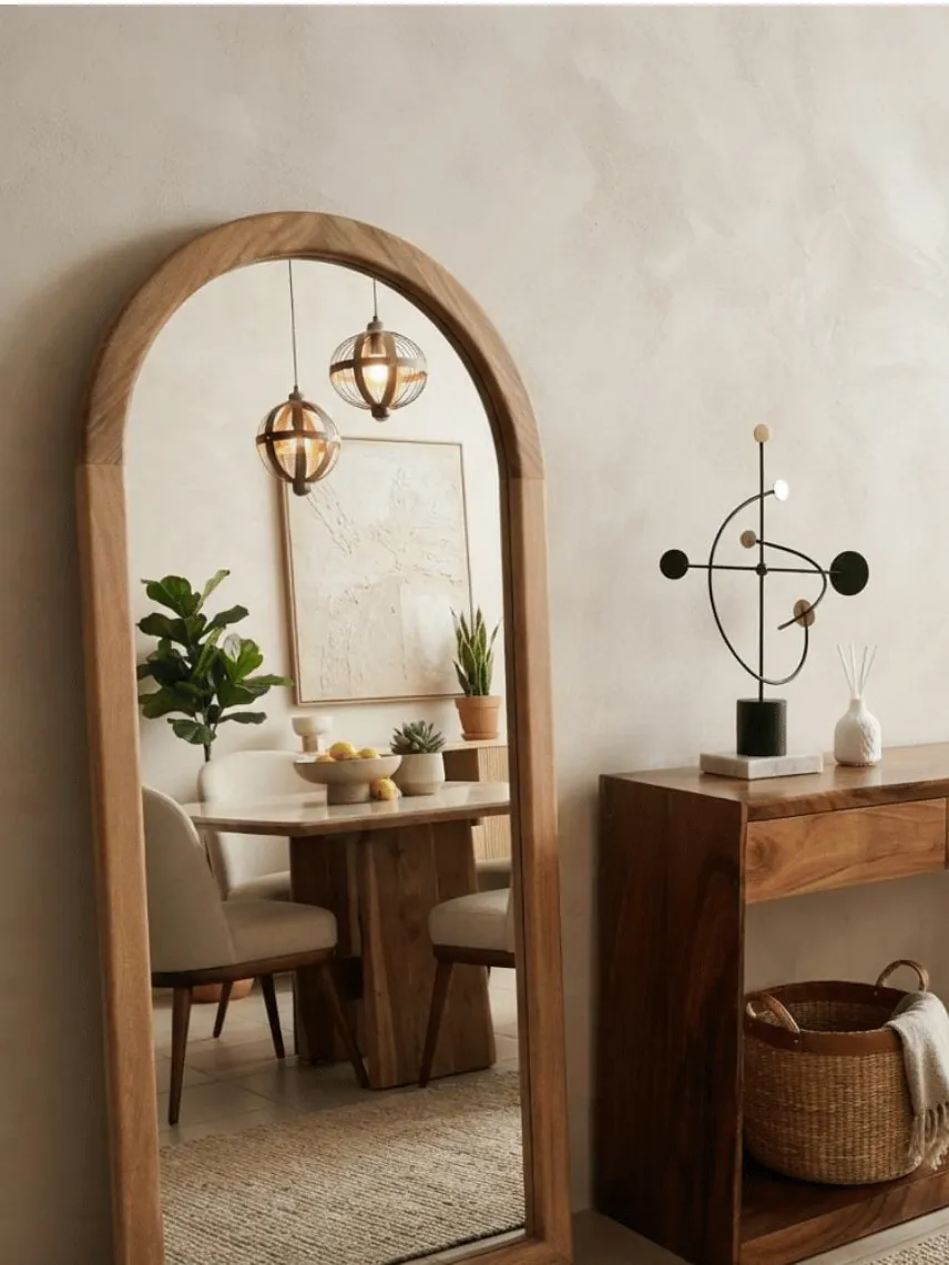 Espejo Tulum de madera con arco, reflejando un comedor