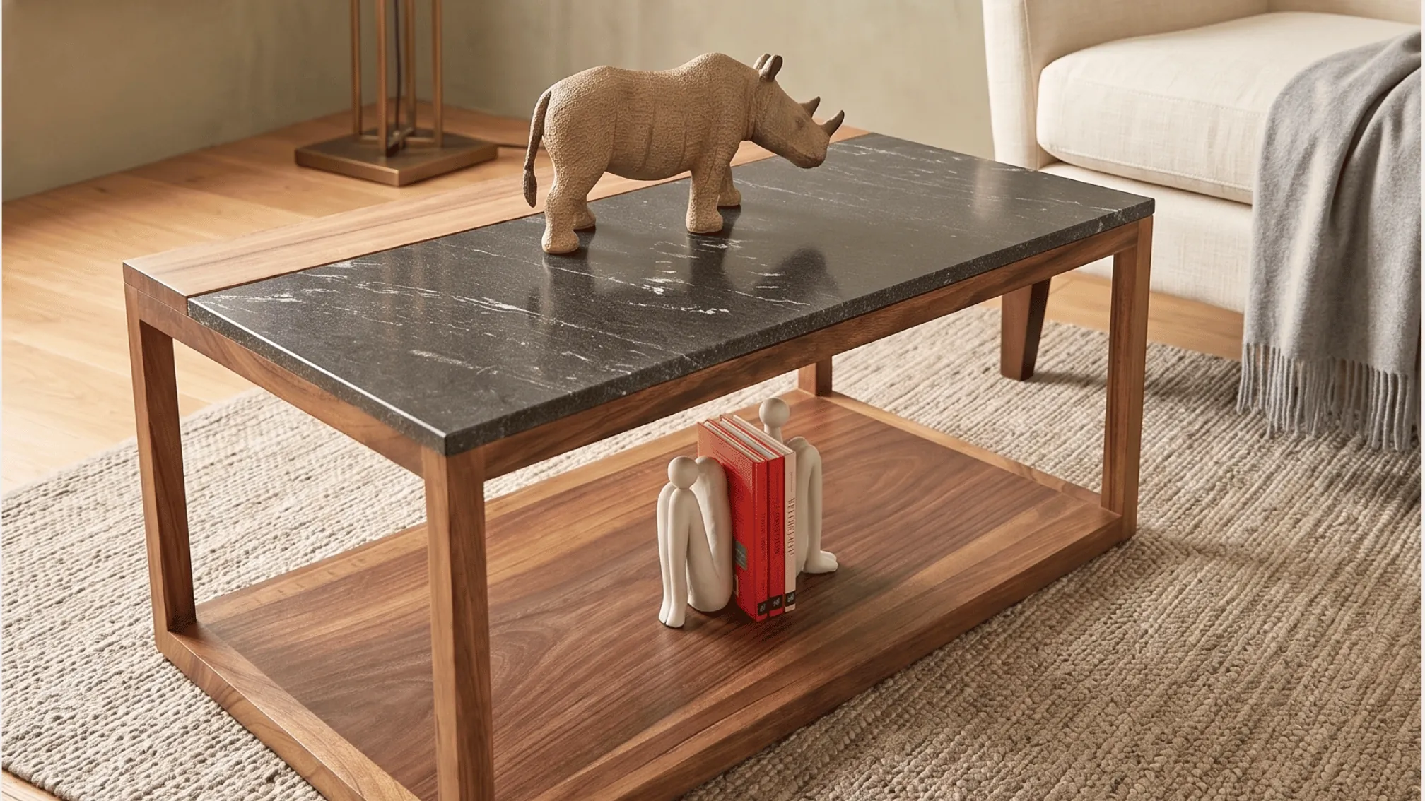 Mesa de centro Venecia con cubierta de marmol negro y base de madera
