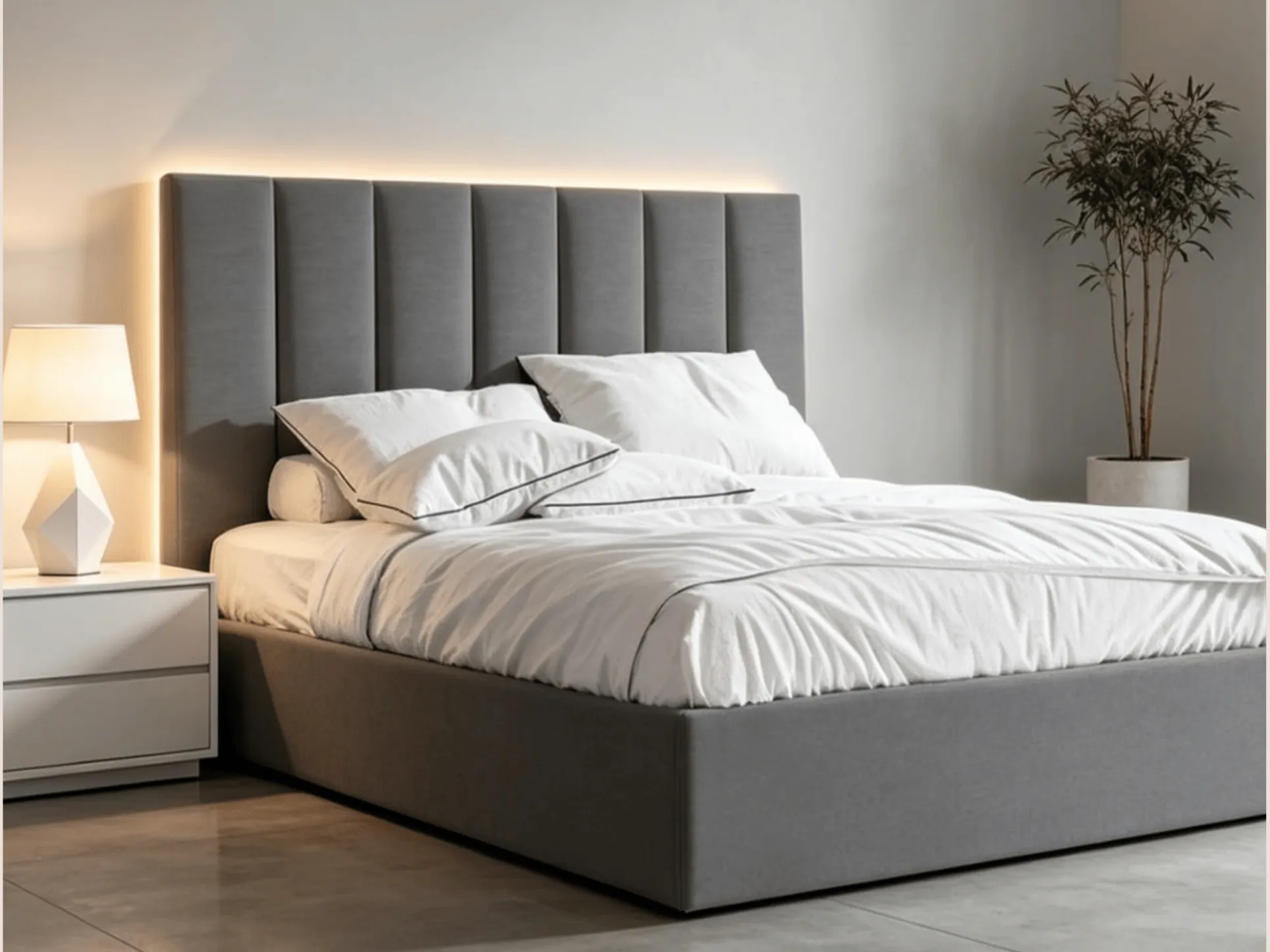 Recamara Cordoba con cabecera tapizada gris y buro blanco