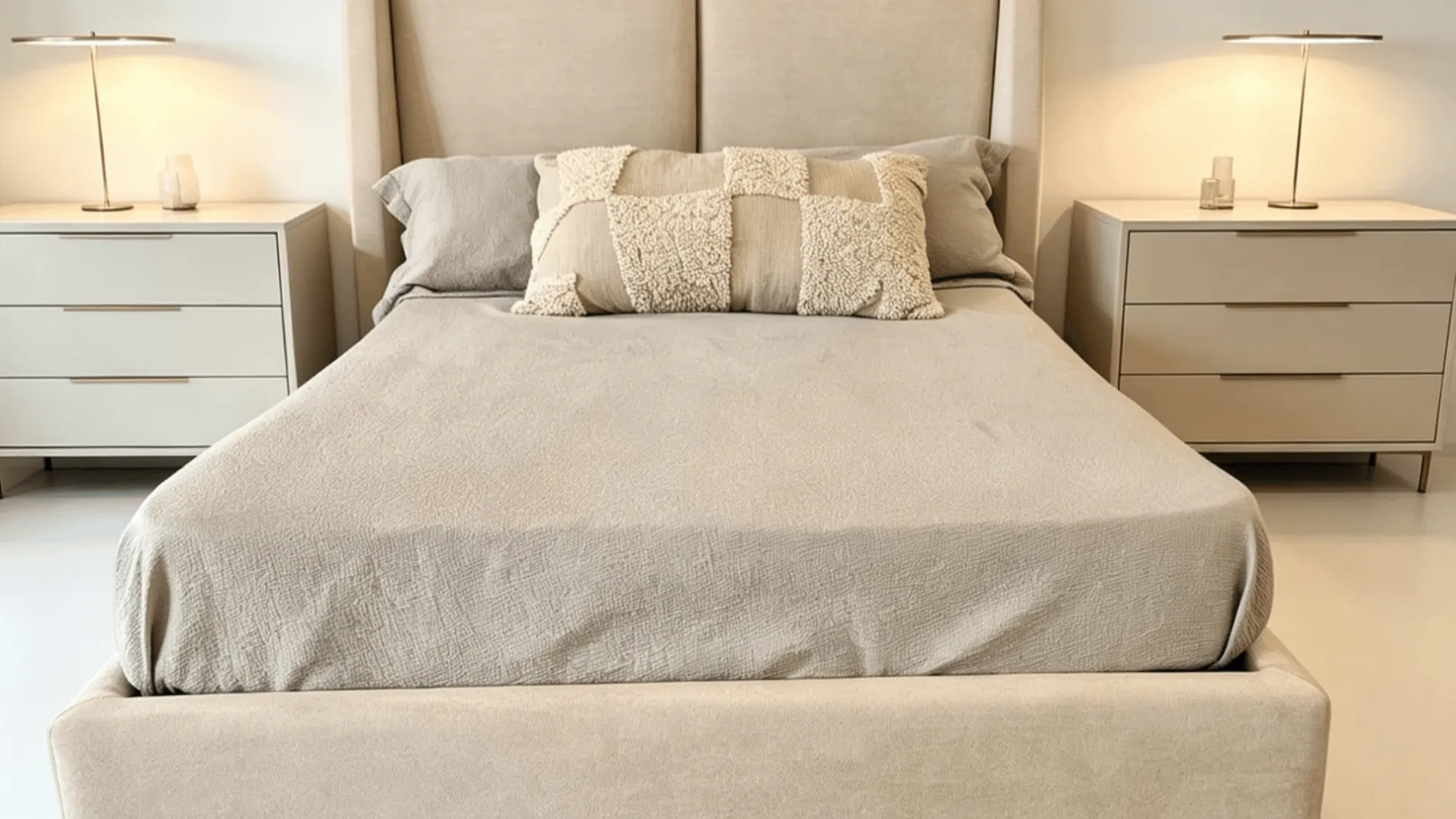 Recamara Fuentes con cabecera curva tapizada en tono beige