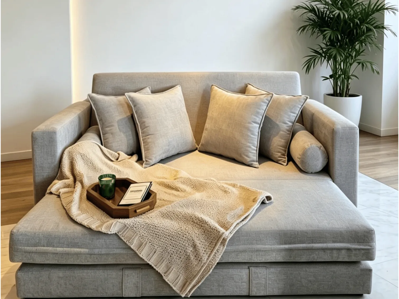 Sofacama Florencia gris con cojines y manta tejida