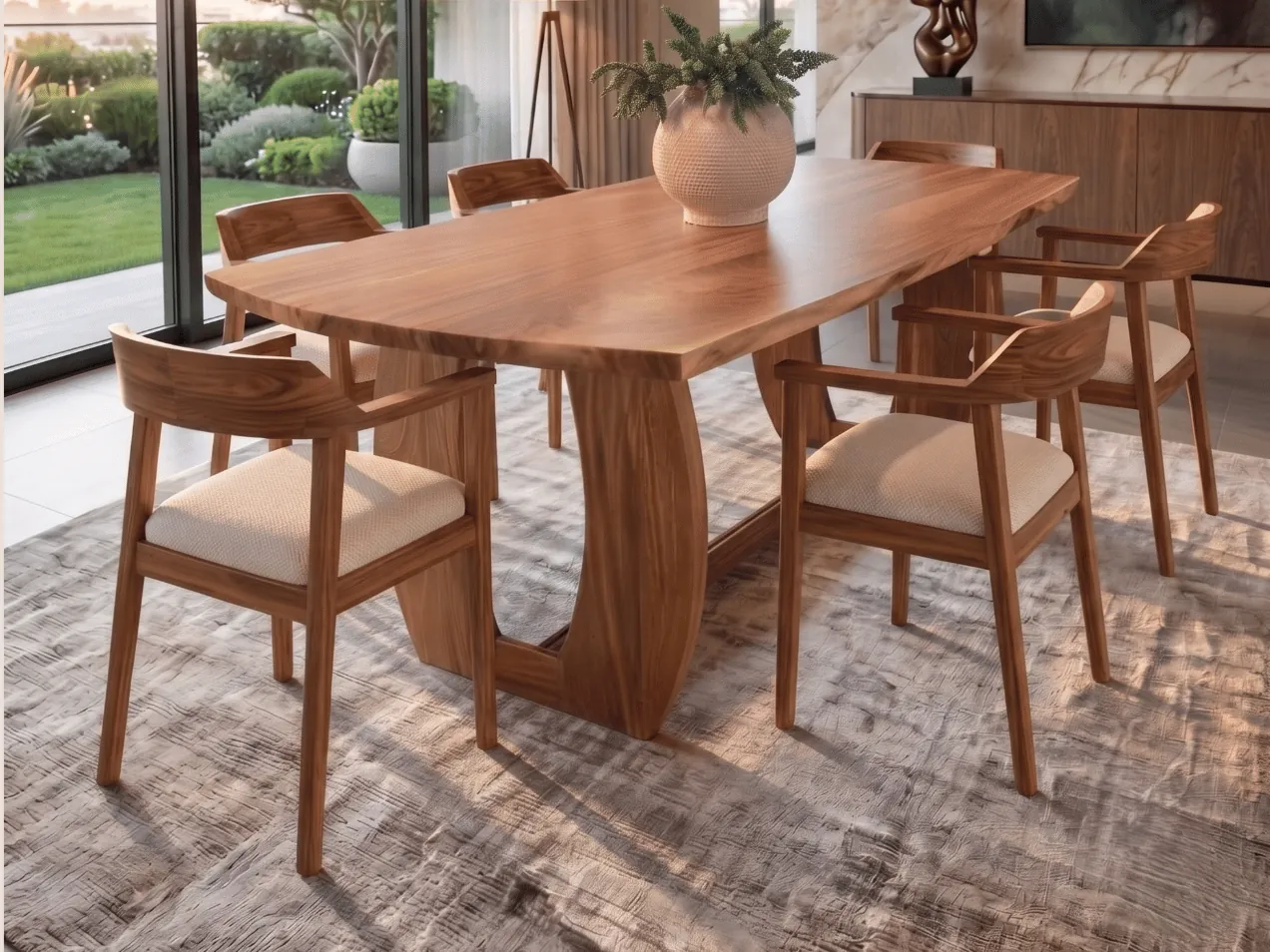 Mesa Galicia con sillas Milan, junto a un jardin exterior