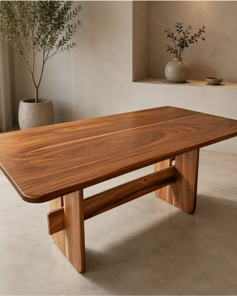 Mesa Sorento de parota solida junto a un jardin interior