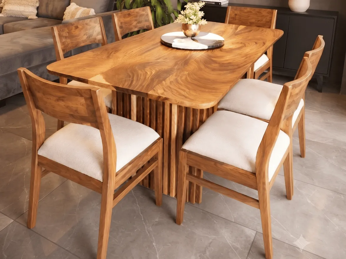 Mesa Verona con sillas Milan, en comedor con sala al fondo